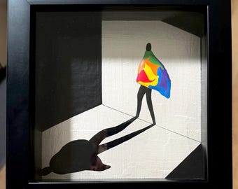 Original painting “Where Self Begins” - acrylic on canvas panel - in a 7x7x2” shadow box - with glass - ready to hang or set on surface!