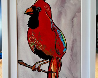 Original artwork— watercolor & acrylic on 9x12” archival archival paper — “Perch of the Cardinal” — matted in a 12x15x2” white wooden frame