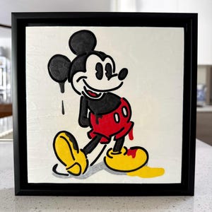 Original artwork - varnished acrylic on wood panel - "Drippy Mouse" — in a 9.5x9.5" gold floater frame - ready to hang on wall to enjoy!
