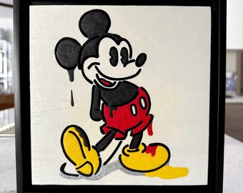 Original artwork - varnished acrylic on wood panel - "Drippy Mouse" — in a 9.5x9.5" gold floater frame - ready to hang on wall to enjoy!