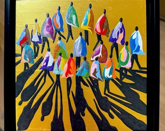 Original artwork - varnished acrylic on wood panel - "Unity - Gold" - in a 9.5x9.5” black floater frame - ready to hang on wall to enjoy!