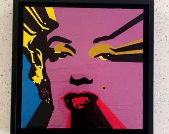 Original artwork - acrylic on wood panel - "Marilyn - Pink" — in a 9.5x9.5" gold floater frame - ready to hang on wall to enjoy this piece!