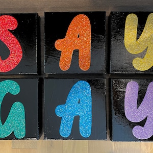May include: Six square canvases with black backgrounds and each featuring a different color letter in a bubble font. The letters spell out "SAY GAY" in red, orange, yellow, teal, blue, and purple.