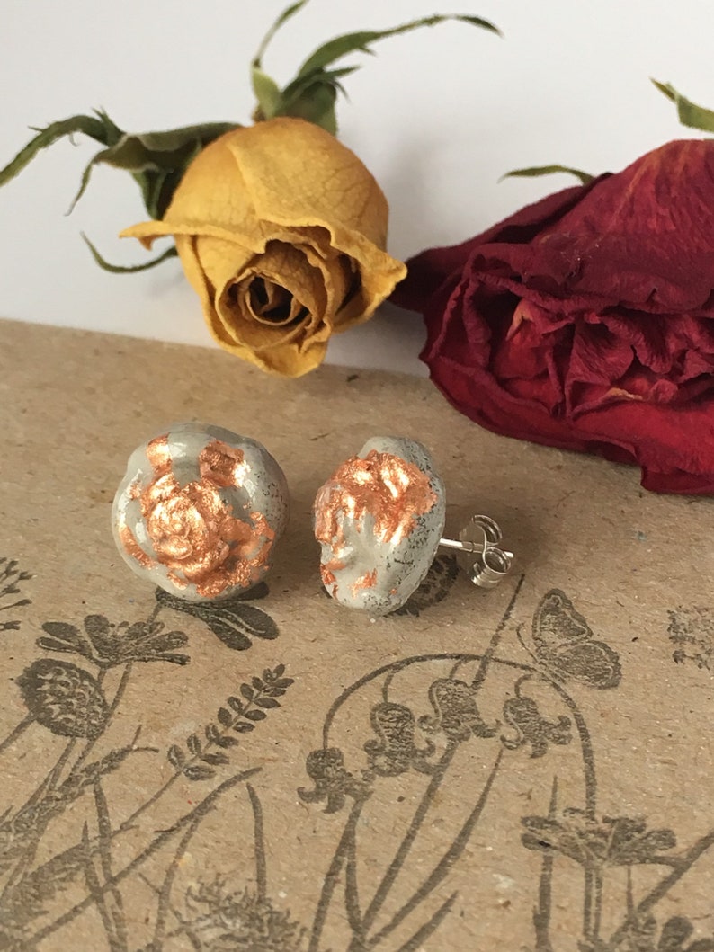 Rustic Copper Gifts For Women Cement Rose Stud Earrings Sterling Silver
