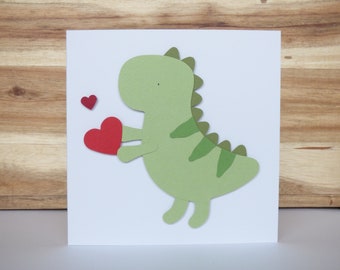 Dinosaur and Heart Valentines Day Card, Handmade Card, Papercrafted Handmade Greetings Card, Handcrafted Papercut Greetings Card, Blank Card