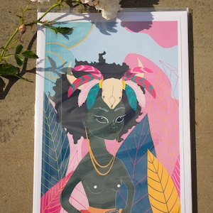 May include: A colorful illustration of a person with dark skin and black hair wearing a skull headdress with feathers. The person is holding a knife and is surrounded by pink, blue, and yellow leaves.
