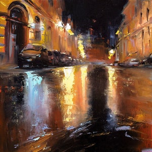 Night City Street After the Rain Cityscape Painting Original - Etsy