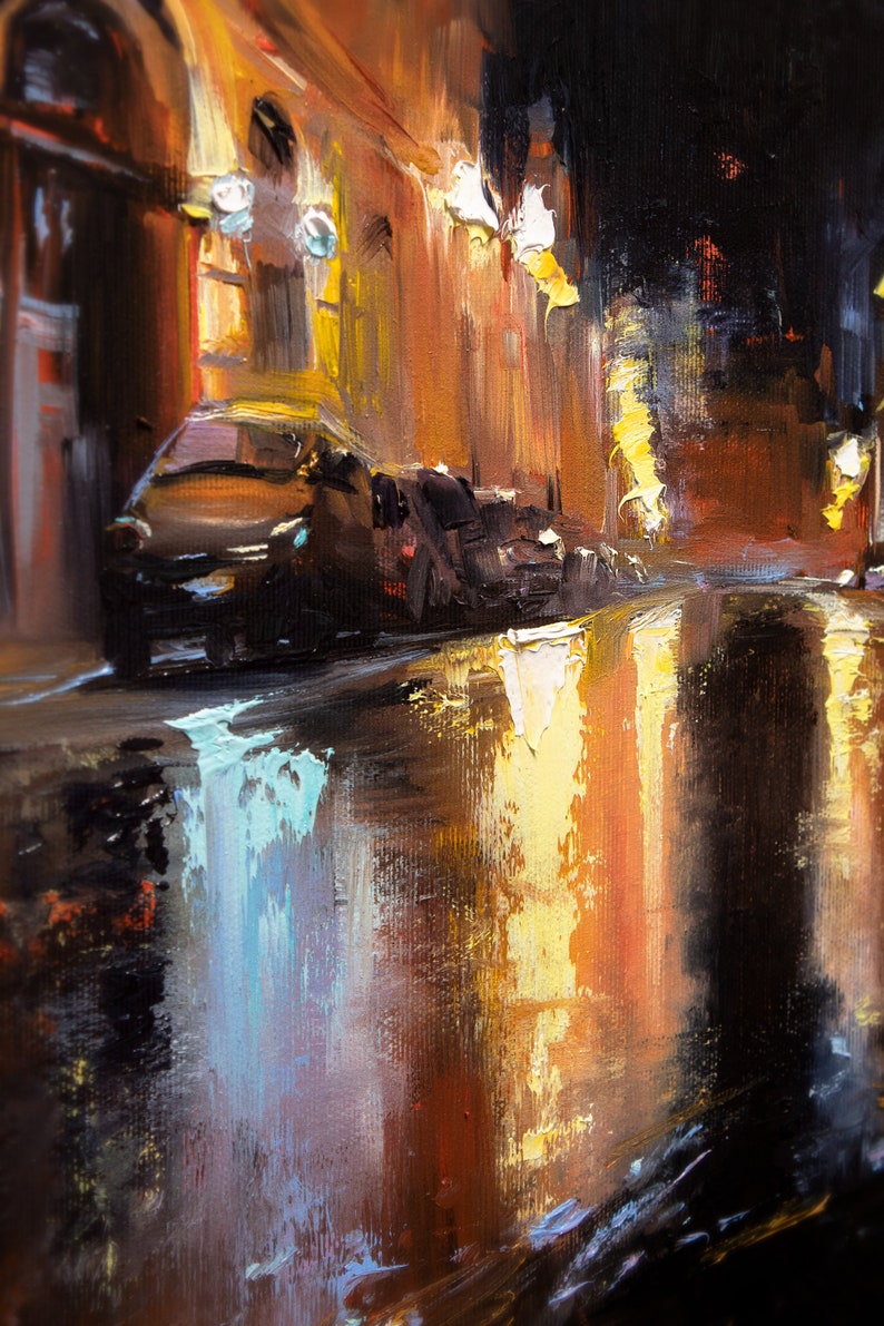Night City Street After the Rain Cityscape Painting Original - Etsy