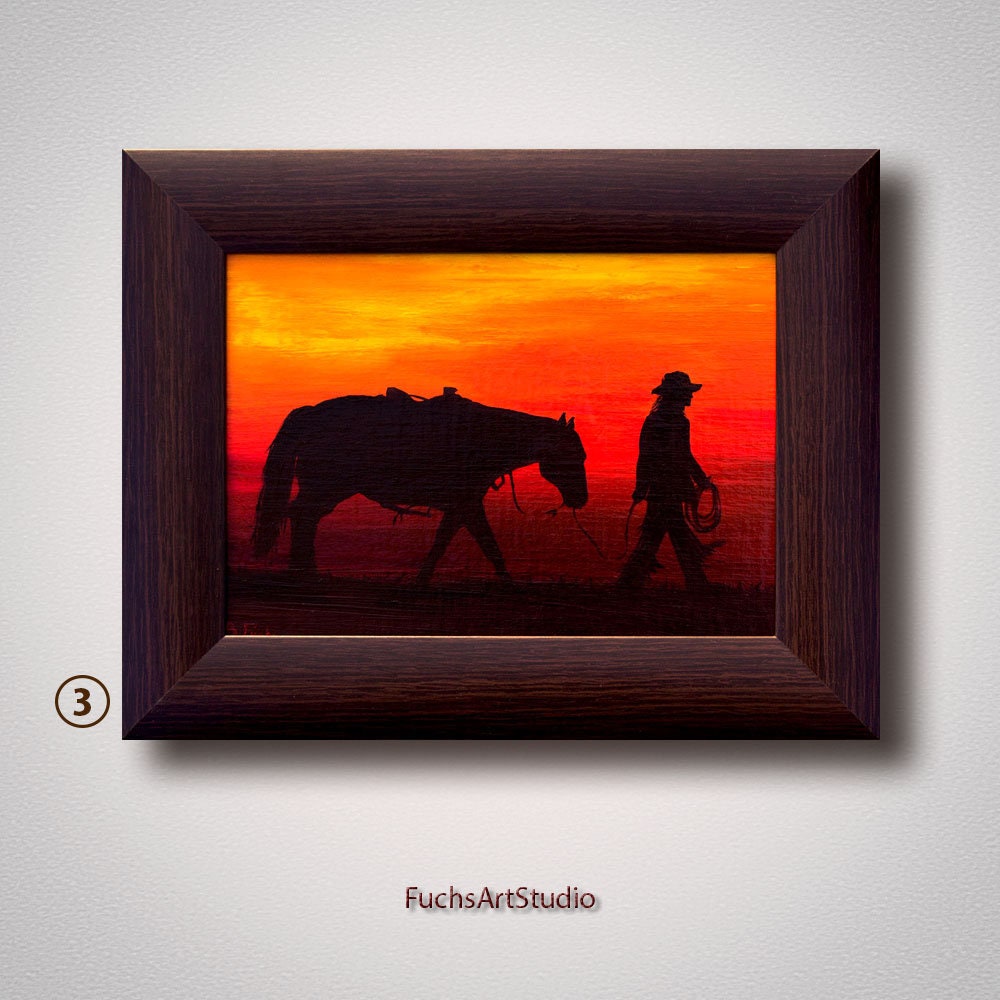 Painting Cowboy western sunset painting small art cowgirl | Etsy