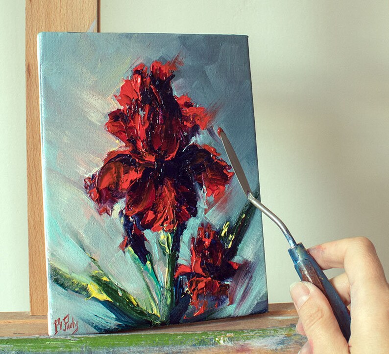 Iris flower painting original art red