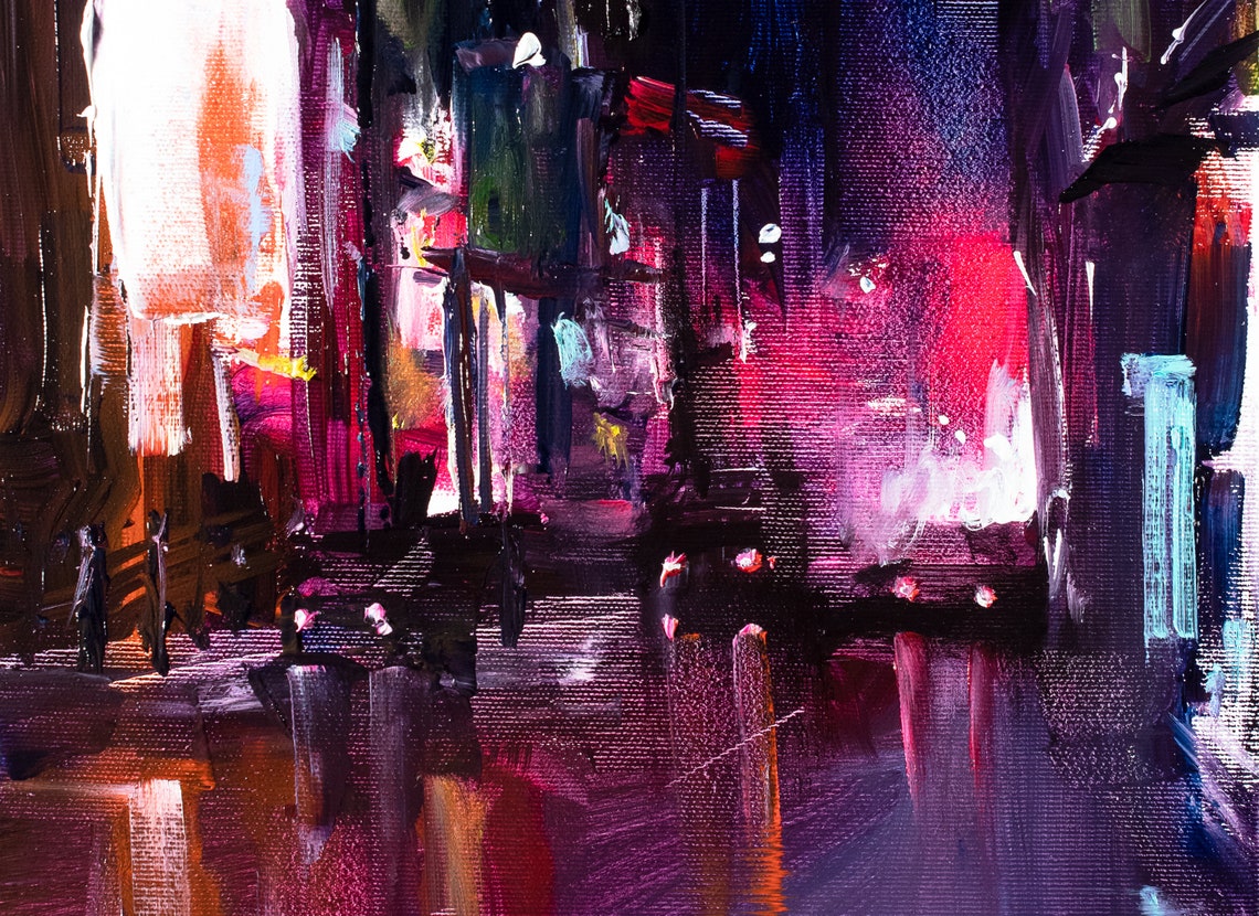 City Night Painting Original Cityscape Art Purple Etsy