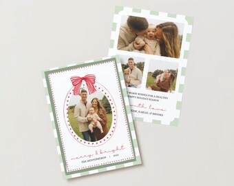 Editable Christmas Photo Card Template | Modern Checkered Holiday | Merry & Bright Christmas Card | Printable Christmas Card Canva Template