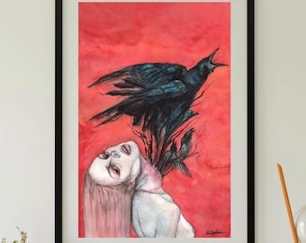 Surreal Crow Art Print: Dark Feminine Watercolor Painting, Gothic Raven Illustration, Fantasy Bird WallArt