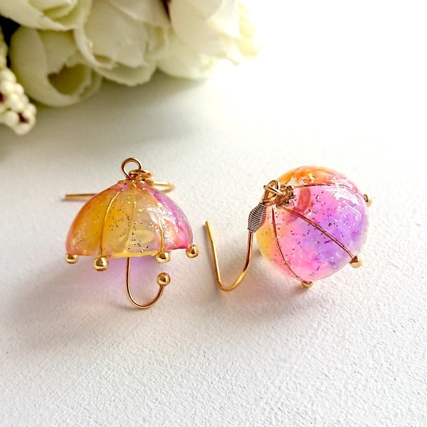 Yellow Pink Purple Orange Gradation Translucent Umbrella Motif Resin Earrings 20mm with Gold Stainless Steel Earring Hooks