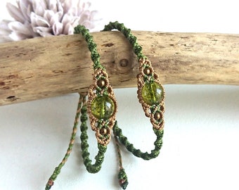 Moss Green Quartz & Bronze Colour Hematite Beads Macrame Bracelet with Olive Green and Warm Brown Waxed Polyester Cord