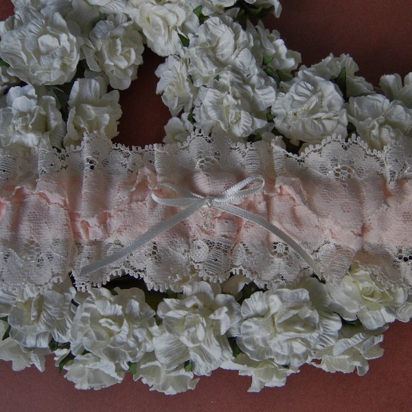 REDUCED Silk in Time Handmade Bridal Garter in Vintage Nottingham Lace and Silk in Peach with Crystal Beads