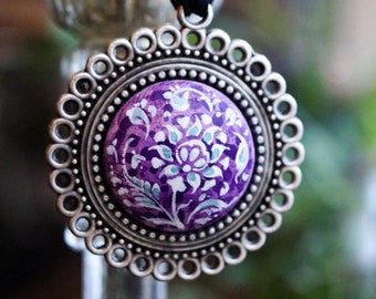 Purple Medallion Necklace, Black Velvet, Crown Chakra, Turkish Floral Design, Ceramic Necklace, Teship