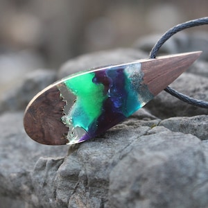 Handmade Wood Resin Necklace: Aurora Borealis Pendant, Unisex Jewelry