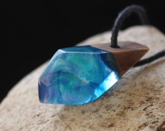 Burlwood Resin Necklace: Northern Lights Ocean Pendant