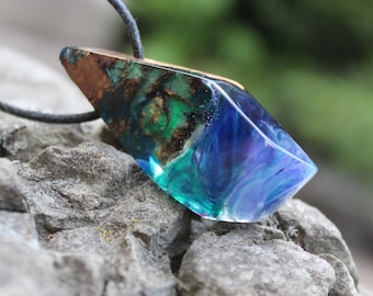 Aurora Borealis Wood Resin Pendant: Ocean Blue-Green Necklace