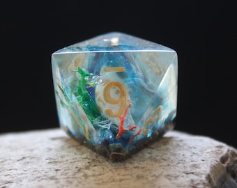 Handmade Mega D8 Dice: Shell, Moss & Sea Pebbles Resin - RPG Gaming