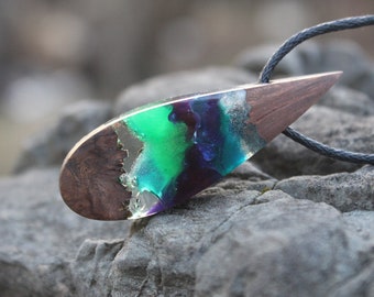 Handmade Wood Resin Necklace: Aurora Borealis Pendant, Unisex Jewelry