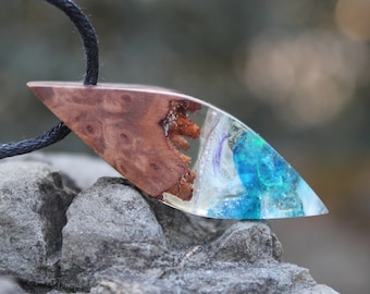 Handmade Burl Wood Resin Necklace: Aurora Sky Pendant
