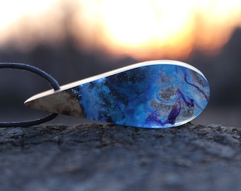 Handmade Wood Resin Necklace: Ocean Blue Northern Lights Pendant