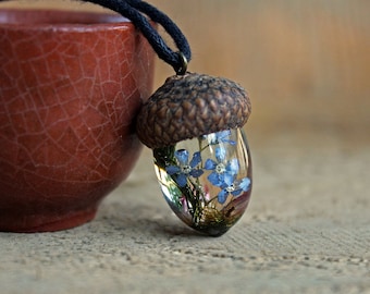Acorn Necklace: Real Forget-Me-Not Flowers, Forest Moss Resin Amulet