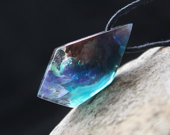 Wood Resin Space Necklace: Burlwood Northern Lights Pendant