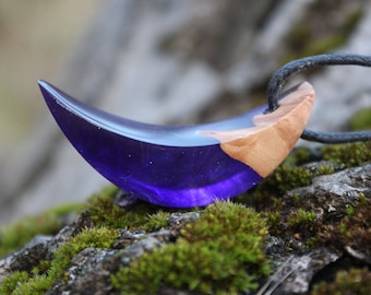 Wood Resin Crescent Necklace: Purple Boho Chic Jewelry