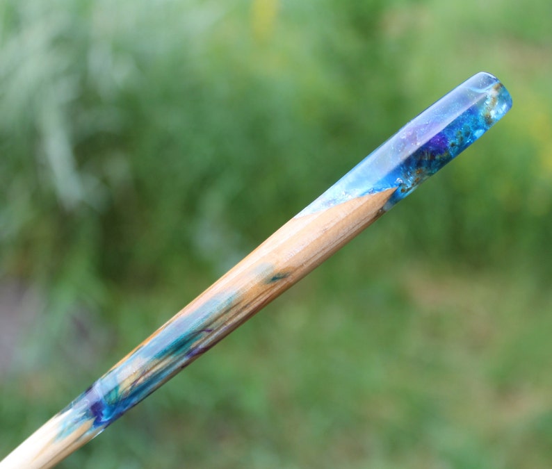 Hair stick Resin Wooden hair stick Real Flowers Silver flakes Wood Long Hair Holder Blue Purple Hair slide Boho hairpin Wedding accessory
