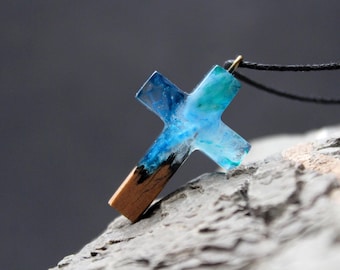 Wood Resin Cross Necklace: Northern Lights Aurora Pendant, Adjustable Cord Jewelry