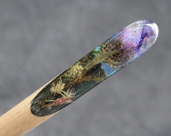 Floral Resin Hair Stick: Purple Flower Wood Hairpin, Nature Lover Gift