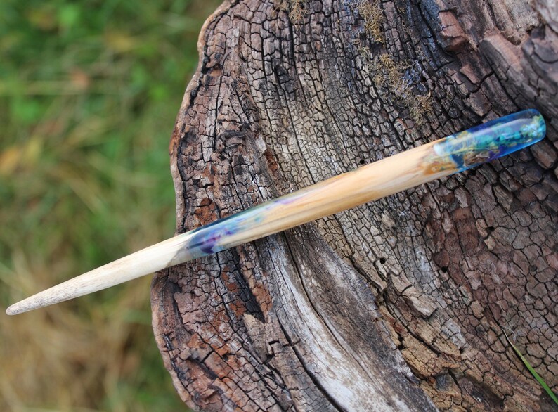 Hair stick Resin Wooden hair stick Real Flowers Silver flakes Wood Long Hair Holder Blue Purple Hair slide Boho hairpin Wedding accessory