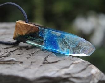 Wood Resin Necklace: Northern Lights Ocean Blue Pendant