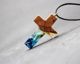 Wood Resin Cross Necklace: Aurora Borealis Pendant, Adjustable Cord