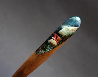 Mermaid Hair Stick: Wood Resin Seashell Hair Slide - Sea World Jewelry