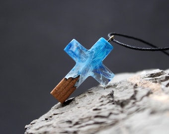 Cross Necklace Wood Resin Northern lights Pendant Men Women Adjustable Wooden  borealis Religious jewelry for her him Necklace Aurora