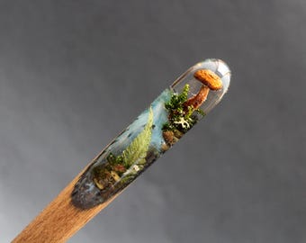Resin Wood Hair Stick Mushroom Real Fern Moss Hair Pin Bun Holder Wooden Hair Slide Hair Fork Boho Forest Accessories Long Hair Wiccan Wand