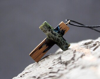 Wood Resin Cross Necklace Pendant: Northern Lights Aurora Design, Adjustable Cord Jewelry