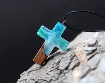 Cross Necklace Wood Resin Northern lights Pendant Men Women Adjustable Wooden  borealis Religious jewelry for her him Necklace Aurora