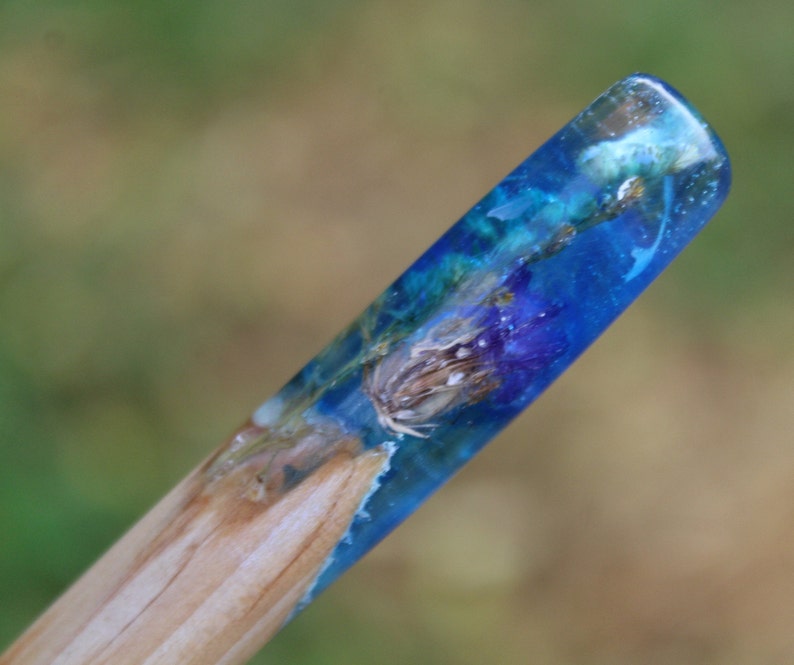 Hair stick Resin Wooden hair stick Real Flowers Silver flakes Wood Long Hair Holder Blue Purple Hair slide Boho hairpin Wedding accessory