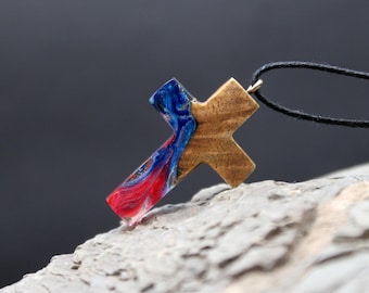 Wood Resin Cross Necklace: Aurora Borealis Pendant, Adjustable Cord