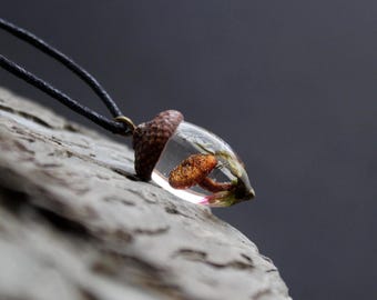 Acorn Terrarium Necklace: Real Mushroom Moss Pendant, Forest Amulet