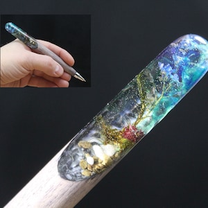 Wooden Pen with Forget me not Flowers Wood Resin Floral Blue Green Business Ballpoint Pens Natural Accessories Gift for Teacher Writer