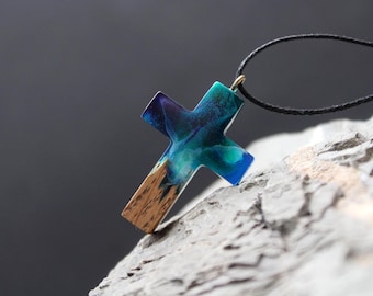 Wood Resin Cross Necklace lights Pendant Men Women Adjustable Wooden Necklace Northern Aurora borealis Religious jewelry for him her