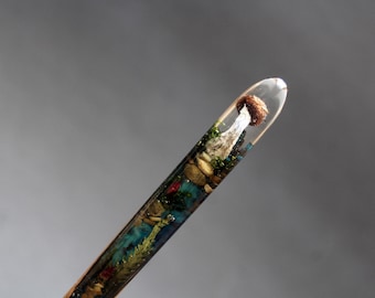Painted Mushroom Terrarium Hair Stick: Real Moss, Wood, and Resin Hairpin