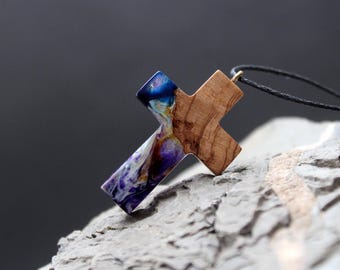 Cross Necklace Wood Resin Pendant Men Women Adjustable Wooden Necklace Aurora borealis Religious Northern lights  jewelry for him