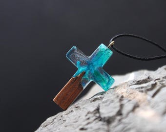 Wood Resin Cross Necklace Pendant: Northern Lights Aurora Borealis Design